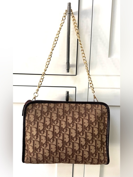 Dior Handbags - CHRISTIAN DIOR Vintage Trotter Oblique Brown Pouch Clutch Bag w/ COA + Chain